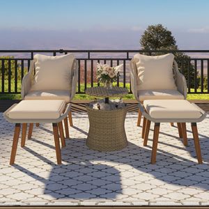 K K 5-Piece Outdoor Patio Furniture Set <b>Cool</b> <b>Bar</b> Table and Ottomans with Wicker Conversation Chair Bistro Style Furniture - Product Image 2