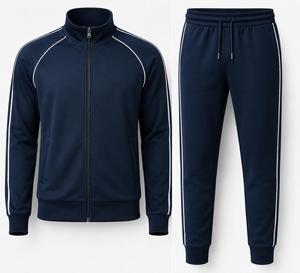 Unisex Navy Blue Polyester Lightweight Four-Way Stretch Tracksuit Full <b>Zipper</b> Hooded Sporty Style Solid Regular Fit Training - Product Image 1