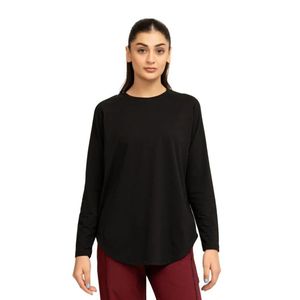 Women Black Long Sleeve Neck Curved Hem <b>Top</b> Casual Loose Fit Pullover Shirt Plain Basic Everyday Layering Tunic Fashion App - Product Image 1