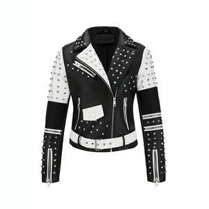 Chaqueta de Cuero Negra y Blanca Estilo Motero con Tachuelas de Diamantes de Imitación, Manga Larga, Estilo para Todas las Temporadas - Product Image 3