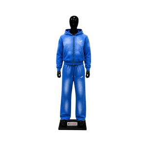 Conjunto Deportivo de Dos Piezas para Hombre, Sudadera con Capucha Azul Lavado y Cremallera Completa, Logotipo Personalizado, Estilo Urbano, Corte Holgado, Ropa Deportiva al por Mayor con Bolsillos - Product Image 1