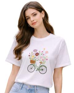 Camiseta Blanca Personalizada para Mujer, Bordado Floral de Bicicleta, Manga Corta, Informal, Mezcla de Algodón Suave, Top de Verano para Mujer, Venta al Por Mayor - Product Image 1