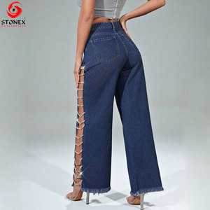 Vaqueros de mezclilla para mujer al por mayor, de moda, con abertura lateral, pedrería, tiro medio, pierna ancha, holgados, estilo urbano, ecológicos, personalizados, informales - Product Image 4