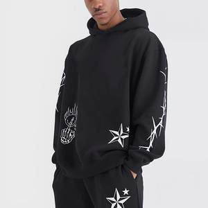 Survêtement à capuche noir pour homme, manches longues, imprimé géométrique, streetwear, coupe ample, 100% coton, respirant, vêtements d'automne - Product Image 3