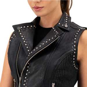 Chaleco de cuero genuino para mujer, negro, informal, sin mangas, con tachuelas, solapa y cremallera, estilo motero, top de moda, abrigo de exterior para mujer, el más vendido. - Product Image 6