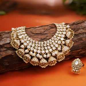 Designer Kundan <b>and</b> Beads Semi-Bridal <b>Necklace</b> <b>Set</b> with <b>Earrings</b> <b>and</b> Ring-10581512WH - Product Image 3