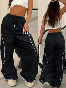 Casual Striped Contrasting Elastic Waist Workwear <b>Parachute</b> <b>Pants</b> Women's Mid-Rise Drawstring Wide Leg Loose Fit - Product Image 2