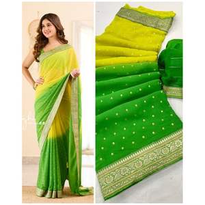 Sari en Georgette de créateur avec imprimé feuille d'or et blouse non cousue, vert - Product Image 1