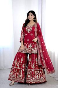 <b>Red</b> Embroidered Traditional Indian Pakistani <b>Lehenga</b> Suit With Dupatta Wedding Outfit Women's Regular Fit Floor-Length - Product Image 3