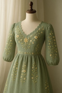 Robe de soirée en lin vert sauge à manches bouffantes et broderies florales en tulle, collection 2026, prix d'usine - Product Image 2