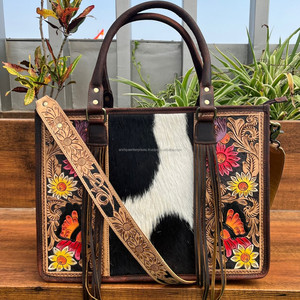 Sac fourre-tout en fourrure de vachette véritable sac à main en cuir de style Hair On Hide Carving Hand Tooled Bags For Women's Multi Use - Product Image 2