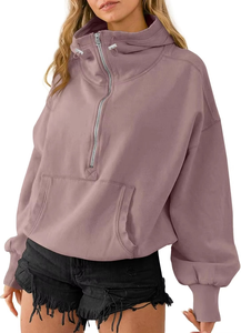 Women's <b>Black</b> Oversized Cropped <b>Hoodie</b> Long Sleeve Stand Collar <b>Zipper</b> Front Solid Color Breathable Knitted Sweatshirt Hoodies - Product Image 4