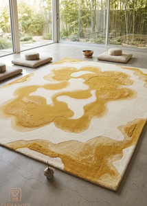 Tapis abstrait en laine moutarde ivoire, écologique, antidérapant, tufté à la main, motif fluide organique, texture sculptée, luxe - Product Image 3