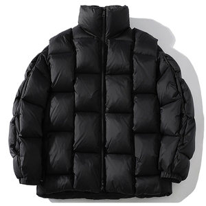Blouson d'hiver matelassé noir pour homme, col montant, fermeture éclair, coupe décontractée, épais, couleur unie, coupe-vent - Product Image 1