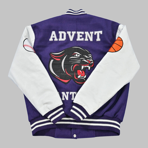 <b>Wool</b> Body and Genuine Cowhide Leather Sleeves Purple and <b>White</b> Letterman Varsity Jacket - Product Image 4