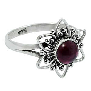 925 Sterling <b>Silver</b> Plated Natural <b>Garnet</b> Flower <b>Ring</b> Bezel Setting Handmade Fashionable Bohemian Jewelry For Women & Girls - Product Image 1