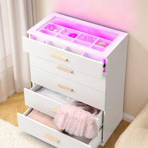 Commode en panneaux de particules blancs avec revêtement Triamine, portes en verre trempé, 66x35x83cm, 5 tiroirs, côtés visibles - Product Image 6