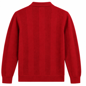 Bright <b>Red</b> Mens <b>Long</b> <b>Sleeve</b> Knit Polo Shirt Textured Stripe Design Ribbed Cuffs Casual Pullover Premium Fashion <b>Top</b> - Product Image 2