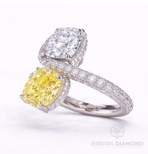 18K White Gold Toi et Moi Engagement Ring Fancy Yellow and White Cushion Cut Diamond Luxury Crossover Statement Band - Product Image 4