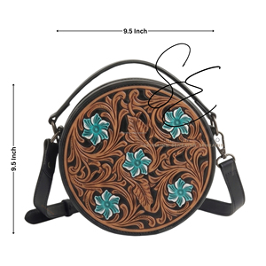 Sac bandoulière rond en cuir véritable fait main pour femme, motif floral turquoise style bohème, en cuir repoussé noir, personnalisable - Product Image 3