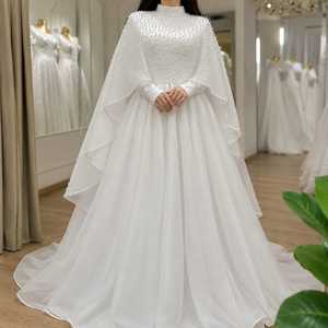Luxury <b>White</b> Pearl Beaded Ball Gown for Women | Elegant High Neck Long Sleeve Evening Dress Watteau Train Flowing Chiffon <b>Cape</b> - Product Image 1