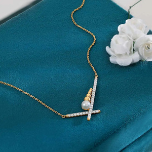 Modern <b>T</b> <b>Bar</b> Diamond <b>Necklace</b> with White Stone Drop and Sleek Geometric Accent - Product Image 3