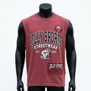 Camiseta sin mangas de algodón lavado rojo, ligera, transpirable, con logo estampado, 100% algodón, para hombre, corte holgado, estampada. - Product Image 1