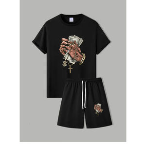 Conjunto de Camiseta y Pantalones Cortos Deportivos para Hombre de Alta Calidad, Duraderos y Transpirables para Actividades al Aire Libre de Verano, Conjuntos Estampados de Algodón - Product Image 1