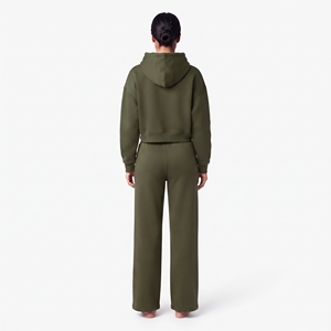 Trendy Olive Green Cotton Fleece Women's <b>Crop</b> Top Full Sleeves Drop Shoulder Hoodie And Wide Leg <b>Jogger</b> Pant Custom Logo - Product Image 3