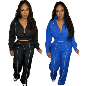 Conjunto Deportivo de 2 Piezas para Mujer, Estilo Hip Hop, Top Corto con Cierre y Pantalones Anchos Estampados en Color de Contraste, Ropa Deportiva Informal de Verano - Product Image 2