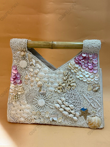 Bolso de Mano Hecho a Mano con Cuentas de Conchas Marinas y Asa de Bambú, Bolso de Playa Costero, Bolso de Perlas y Conchas, Bolso de Moda para Mujer, Venta al Por Mayor - Product Image 6