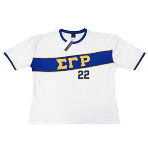 Camiseta blanca de jersey Sigma Gamma Rho SGRho 22, ropa griega premium azul y dorada, camiseta unisex para mujer - Product Image 1