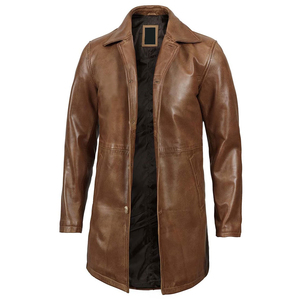 Abrigo de Cuero Genuino Marrón para Hombre, Cuello Camisero, Cierre de un Solo Botón, Largo hasta la Rodilla, Manga Regular - Product Image 3