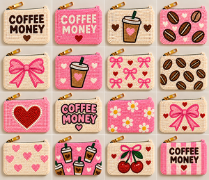 Collection de pochettes perlées en perles de rocaille pour amateurs de café, avec motifs Cœur cerise boisson glacée, Nœud et Grains de café, Pochette zippée en gros - Product Image 1