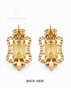 Pendientes de lujo con diamantes talla esmeralda y halo en oro amarillo de 18 quilates, con detalles florales de inspiración vintage y brillo radiante. - Product Image 4