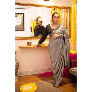 Vestido Sari Indio para Mujer, Diseño Moderno, Color Negro Metálico, Pantalones Ajustados Elásticos, Ropa Elegante Estilo Sari, Lavado a Mano - Product Image 2