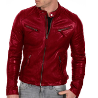 Veste de moto en cuir de mouton rouge pour homme, imperméable, col montant, fermeture éclair, coupe ajustée, style motard décontracté pour l'hiver