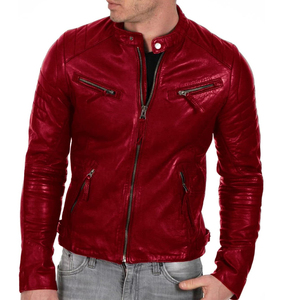 Veste de moto en cuir de mouton rouge pour homme, imperméable, col montant, fermeture éclair, coupe ajustée, style motard décontracté pour l'hiver - Product Image 6