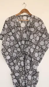 Vestido Kaftan Gris con Estampado de Bloques para Mujer, Cuello en V, Estilo Boho, Algodón, Cómodo, Holgado, Vestido Largo de Verano - Product Image 4
