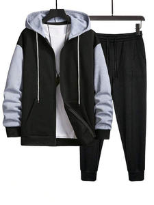 Mens <b>Black</b> and Grey Colorblock Zip-Up <b>Hoodie</b> and Joggers Tracksuit OEM ODM Wholesale Apparel - Product Image 1