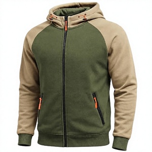 Sudadera de Forro Polar con Capucha y Mangas Raglán para Hombre, Color Verde Oliva Beige, con Cierre, Estilo Casual para Otoño, Corte Regular - Product Image 1