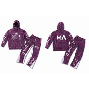 Purple Acid Wash Hooded Tracksuit Set With White Stars And 350 gsm Full Length Drawstring Pants 100% Cotton Streetwear - Product Image 3