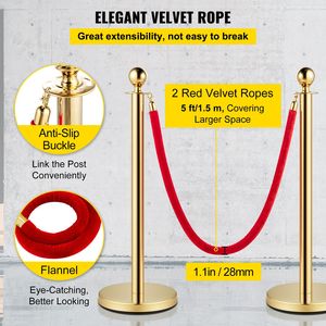 Pali con corda in velluto da 1,5 m (5 piedi) con corda rossa e base in acciaio inossidabile dorato, barriera di controllo folla con punta a sfera rossa per ristoranti e hotel - Product Image 4