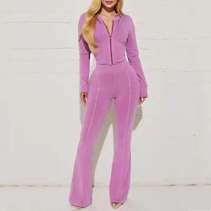 Ensemble de survêtement violet pour femme avec fermeture éclair sur le devant, pantalon évasé à manches longues, combinaison sexy unie extensible pour le printemps - Product Image 1