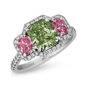 Bague de luxe en or 18 carats avec trois pierres, diamant vert taille émeraude et saphirs roses, bijoux de fiançailles pour femme - Product Image 3