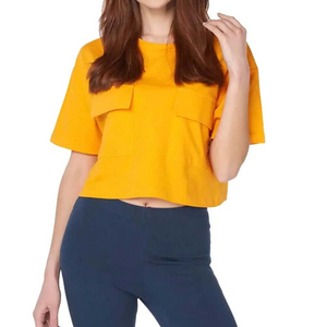 <b>Women's</b> <b>Yellow</b> Summer Crop Crew Neck Short Sleeve <b>T</b> <b>Shirt</b> Solid Casual Pocket Tee - Product Image 6