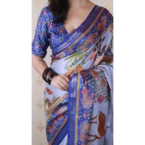 Sari traditionnel chinois en soie Tussar bleue, tissé avec des fils Zari, Pattachitra - Product Image 5