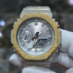 Montre analogique-numérique de luxe avec lunette sertie de diamants, verre saphir, bracelet en acier inoxydable, résistante à l'eau, affichage LED pour hommes et femmes - Product Image 1