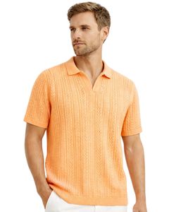 Manufacturer Mens <b>Orange</b> Knitted <b>Polo</b> Shirt Short Sleeve Cable Knit Summer Casual Slim Fit Top OEM ODM Wholesale Manufacturer - Product Image 1