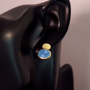 Natural Chalcedony <b>Stud</b> Earrings 925 Sterling <b>Silver</b> 14K Gold Plated Blue Gemstone Oval Faceted Satin Jewelry - Product Image 6